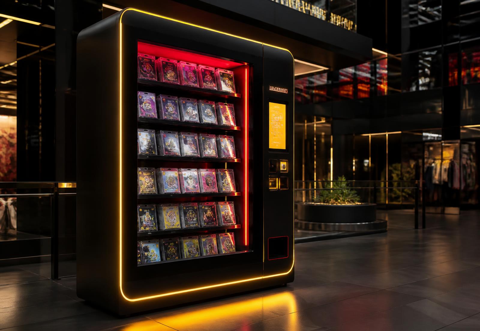 Premium trading card vending machine glowing in a modern Florida mall