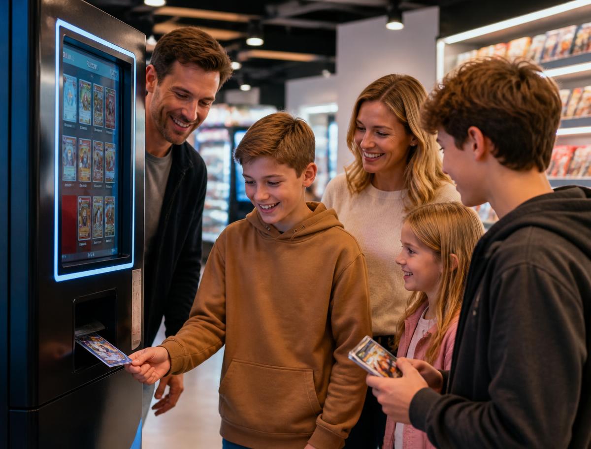 A family selecting sealed trading cards from a vending machine